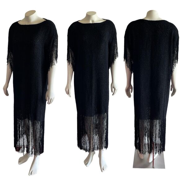 Panache Dress Maxi Hand Woven Dream Weaver Knit Fringe Black Medium Vintage - Picture 4 of 16